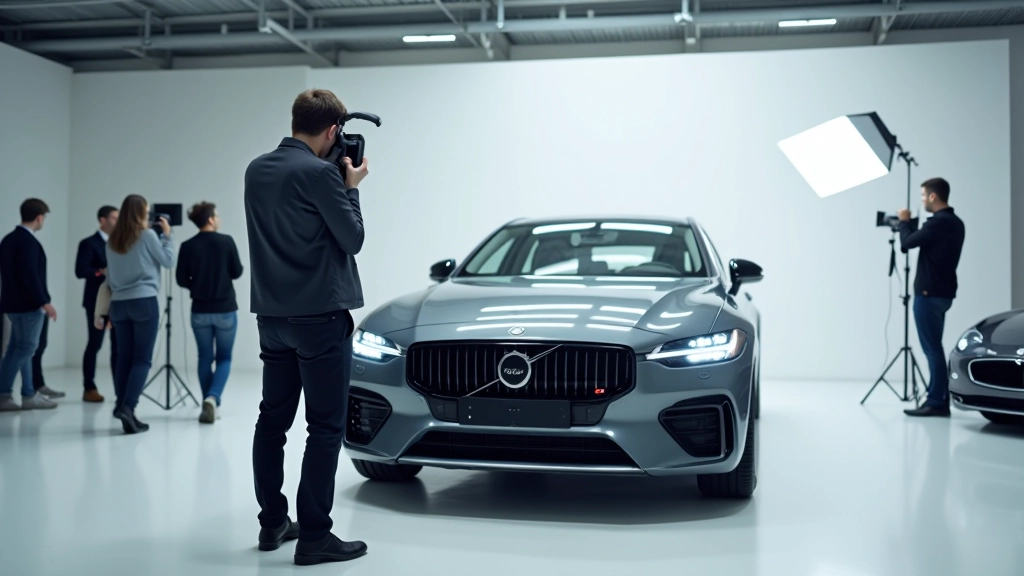 Profesionalus automobilių salone fotografas fotografuoja naują modelį su šiuolaikine įranga