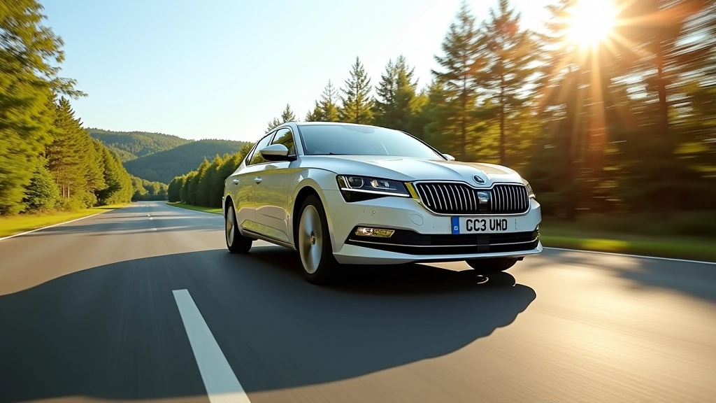 Skoda Superb šeimoje važiuojant greitkeliu, šoninis vaizdas iš kelio, saulėtas oras, miškų kraštovaizdis, nuotrauka iš judančio automobilio
