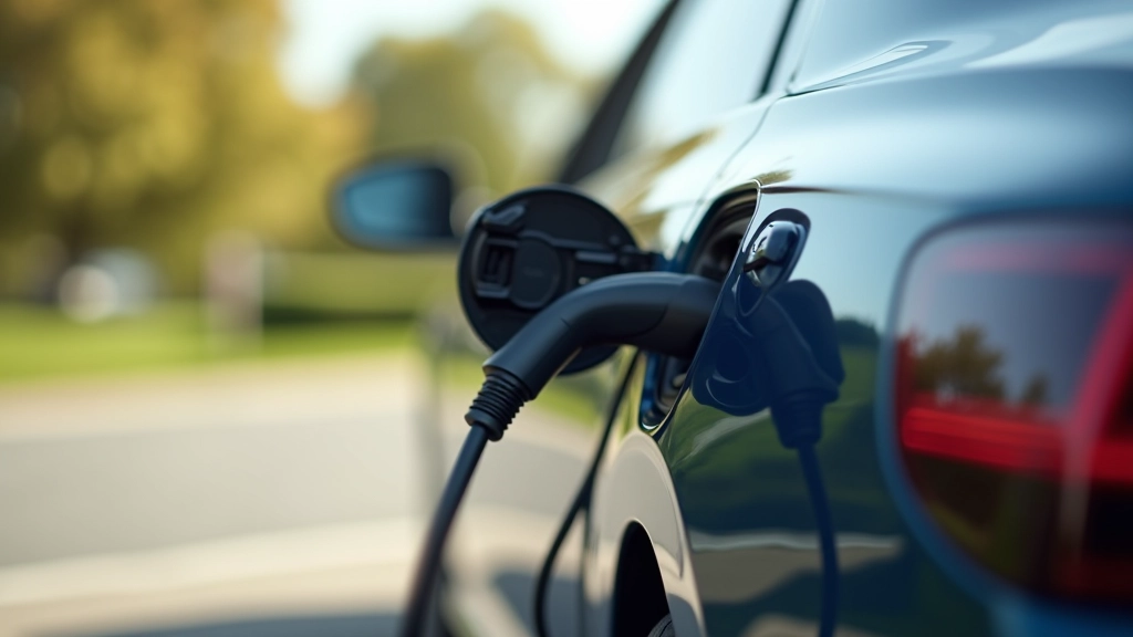 Skoda Superb įkrovimo prievadas iš šono, hibridinio automobilio detalė, švietus dangus, priemiestinis kraštovaizdis fone, smulkus fokusavimas