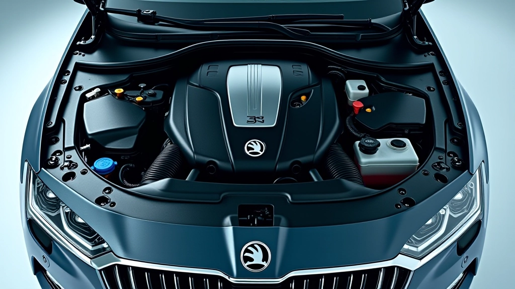 Skoda Superb hibridinio automobilio variklio kompartamentas, techninis vaizdo kampas, šviesi dirbtina šviesa, griaztas detalumas