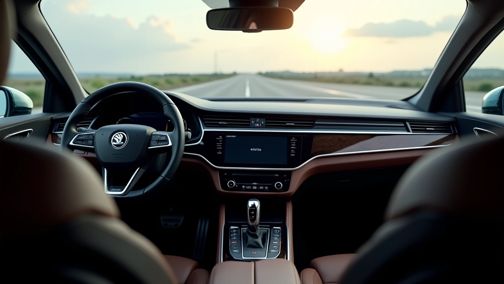 Skoda Superb salono vaizdas iš priekio, moderni technologija, medienos ir odos detalės, naturalus šviesa per langą, smulkus detalumas
