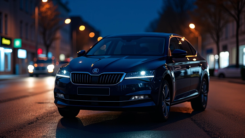 Skoda Superb automobilis naktine šviesa, gatvėje su žibintais, elegantiškas dizainas, šalta spalva tonuota, aukštos kokybės fotografija